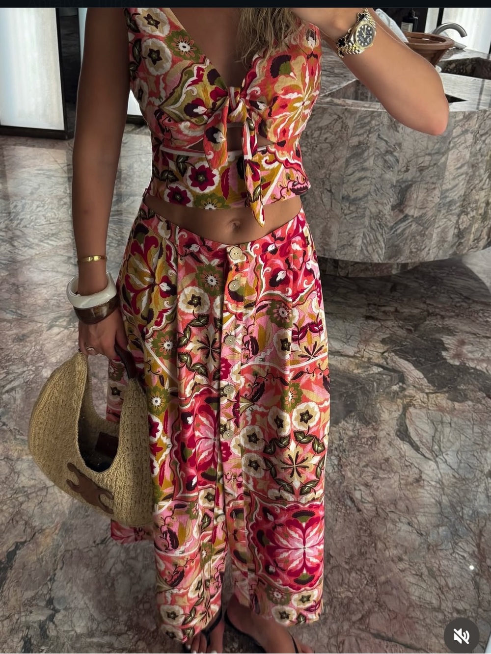 Zara 2 piece set v neck crop top and midi button skirt